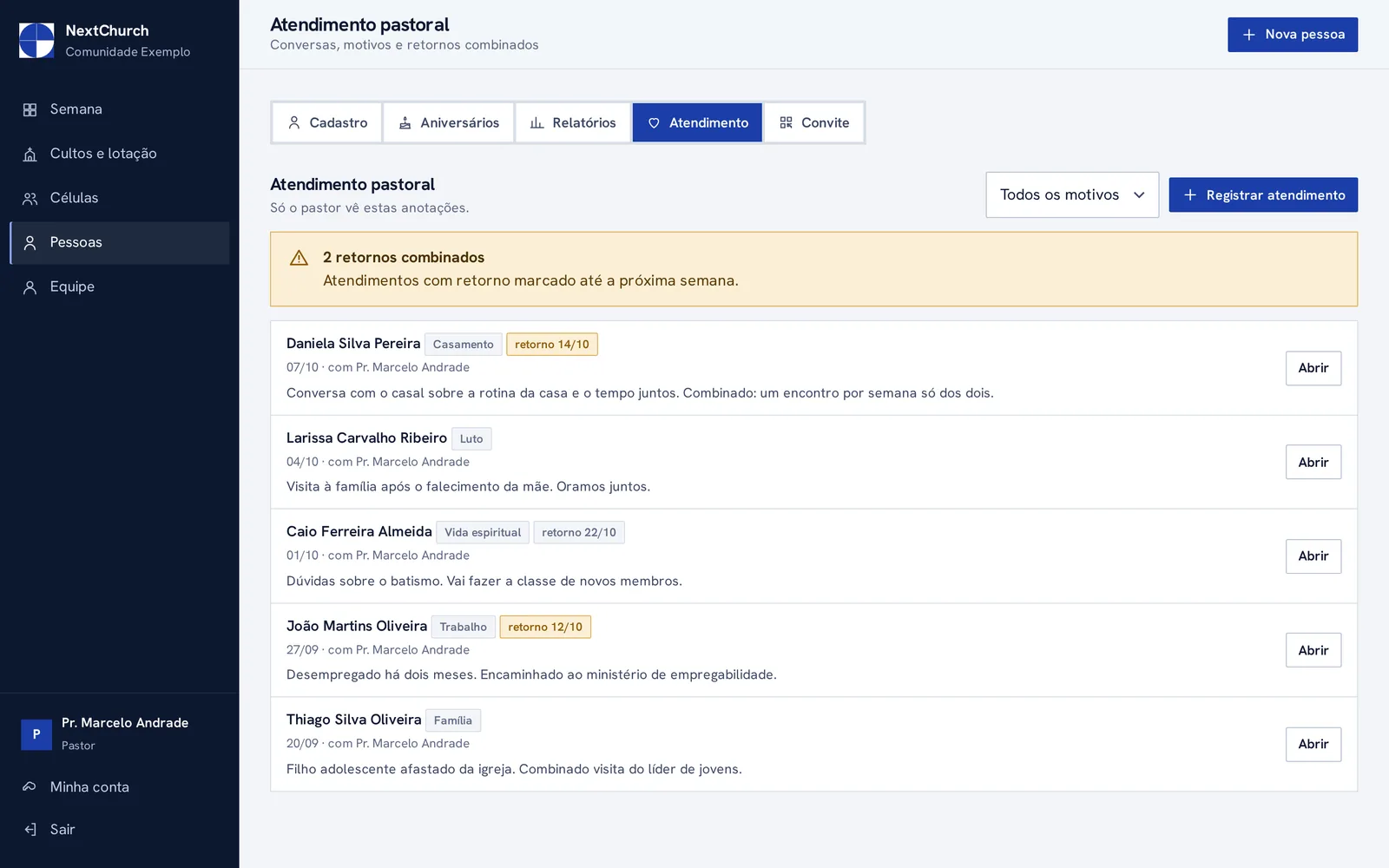 Atendimentos pastorais com motivo, data e retorno combinado