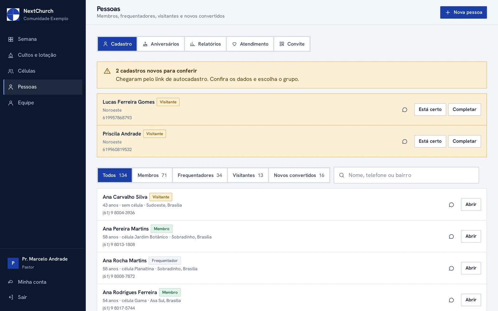 Cadastro de pessoas com filtros por situação e cadastros novos para conferir