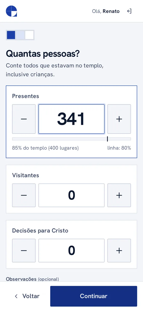 Relatório de culto no celular: contador de presentes com 85% do templo
